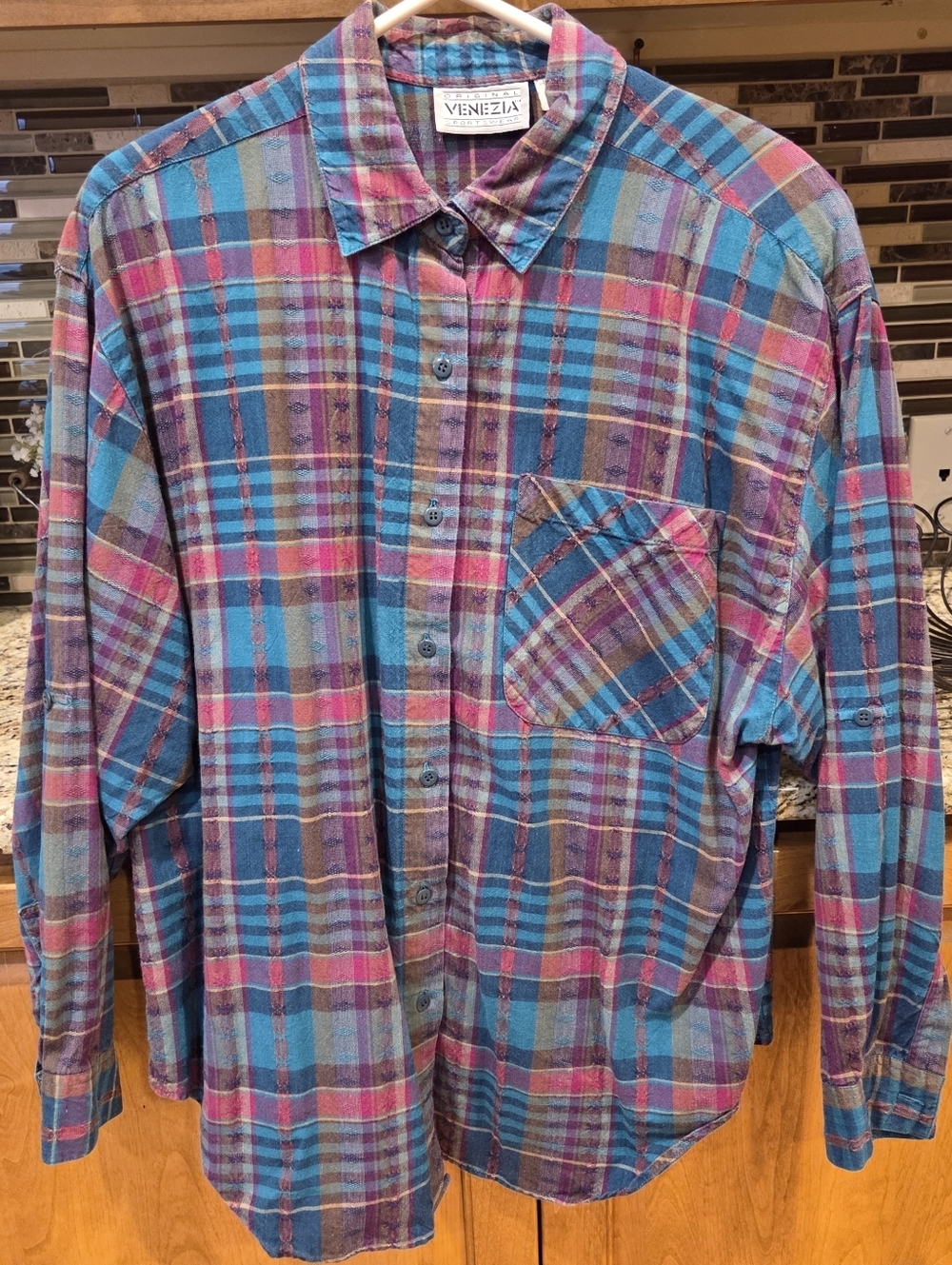 Vintage Venezia Sportswear Plaid Button Down Shirt | Textured Cotton Size 18/20